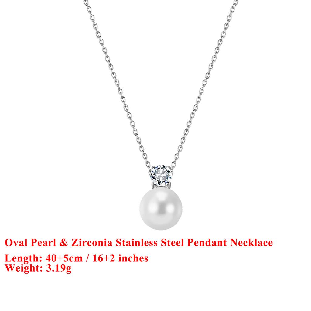 EFFIE QUEEN Stainless Steel 18k Gold Oval Pearl and Zirconia Pendant Necklace Simple Jewelry for Women Banquet Party Gift STPN03