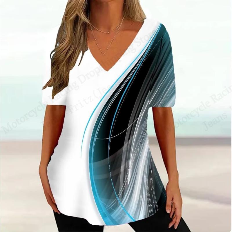 Gestreiftes 3D-Druck T-Shirt Damenmode V-Ausschnitt Kurzarm Einfaches T-Shirt Sommer Casual Übergröße Oberteile Tees Damenbekleidung