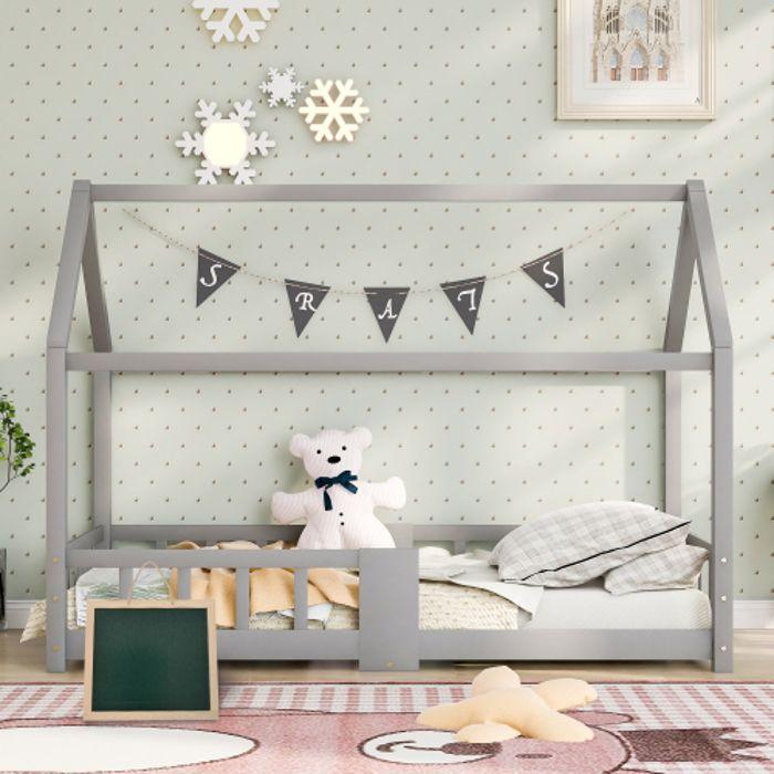 Lit d'enfant Lit d'appoint 90 x 200 cm en pin gris, avec sommier à lattes escamotable (matelas non inclus)