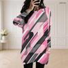 Women Plus Size Round Neck Long Sleeve Pink Black Geometric Printed Loose Longline Top With Pockets