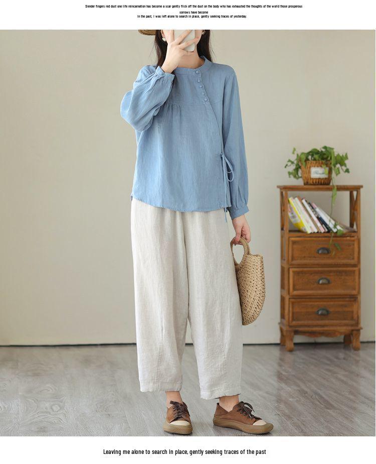 Jesienna Bawełniano-Lniana Koszulka z Długim Rękawem: Literacki, Retro, Odchudzający, Luksusowy Damski Top.