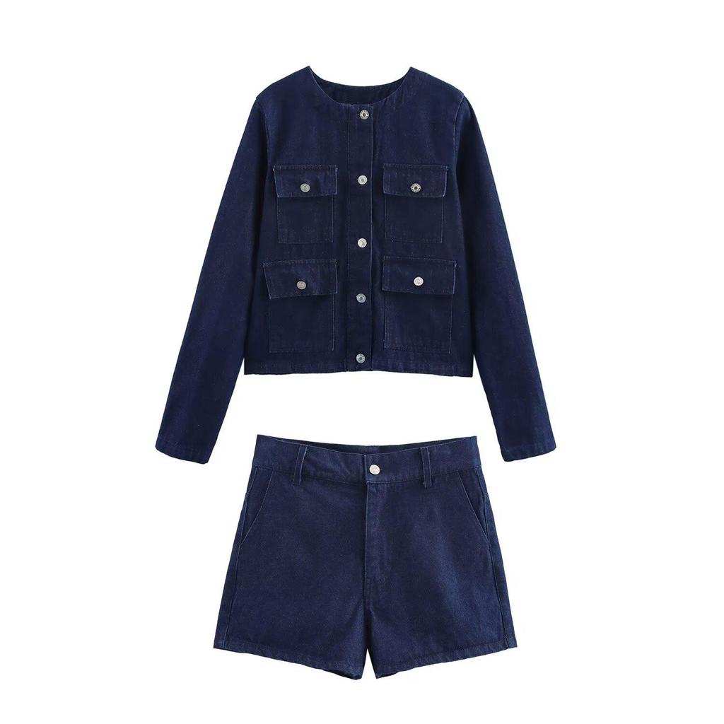 Spring 2025 Women's European & American Style Pocket Jacket & Shorts Set