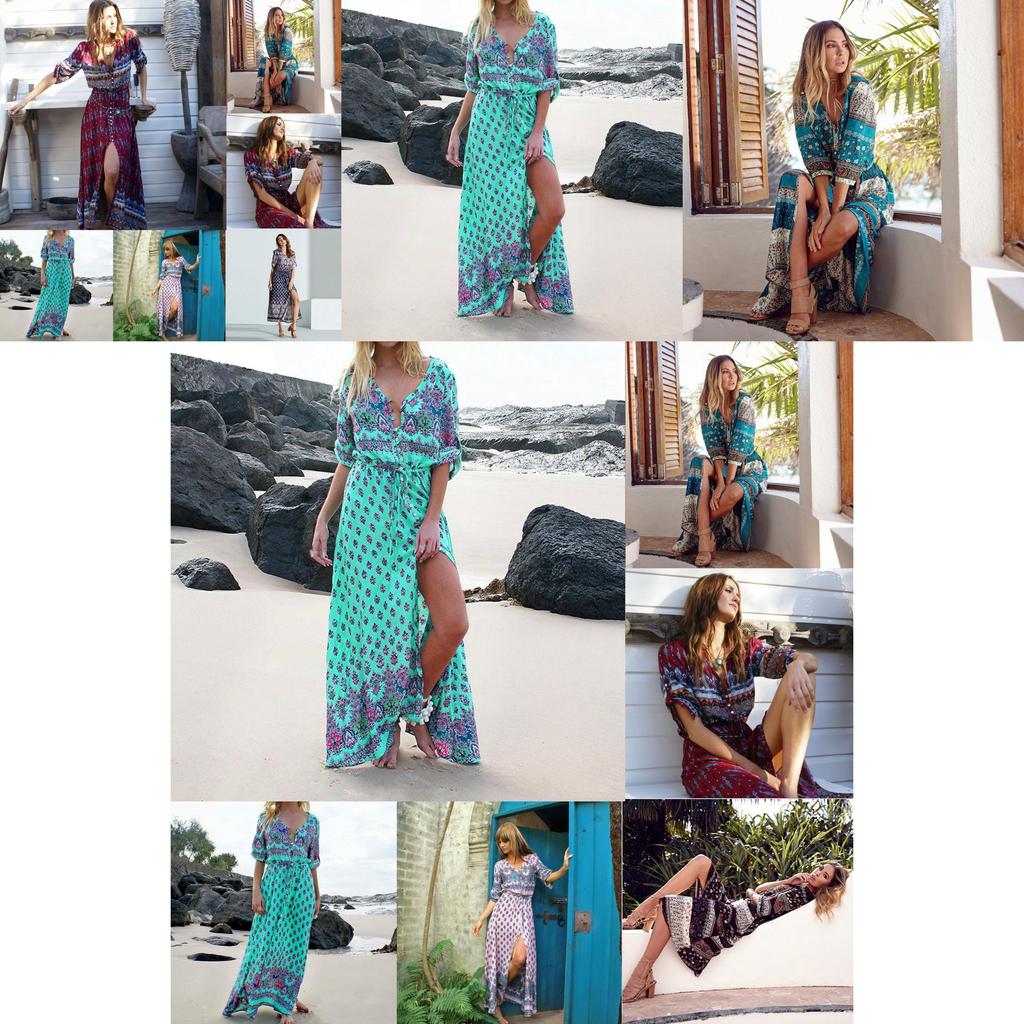 Elegant Women Boho V Neck Long Maxi Dress With 3/4 Sleeve For Party And Evening Events
