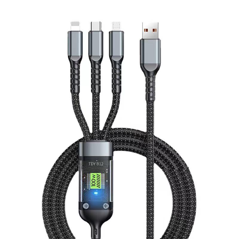 100W Transparent 3-in-1 Fast Charging Cable 6A for Android & Huawei - Braided Design