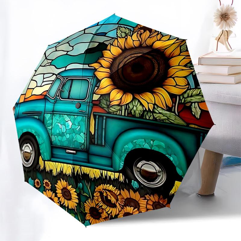 

1pc Stained Glass Sunflower Pickup Truck Auto Open Close Umbrella - Portable 3-Fold Design with 8-Rib Iron Frame - Outdoor Umbrella - Ideal Gift for F
