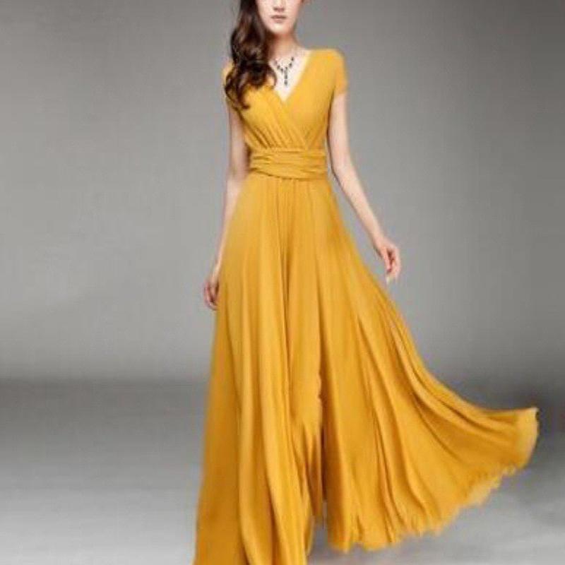 Women's Fashion V Neck Short Sleeve Evening Party Dress Solid Long Cocktail High Waist Summer Dresses