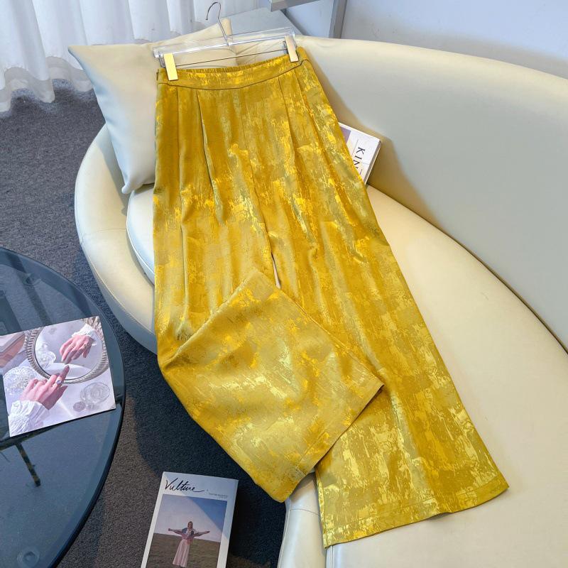 

Silk Jacquard Wide-Leg Pants for Middle-Aged Women - Ethnic Style Retro Slimming Design Large жёлтый