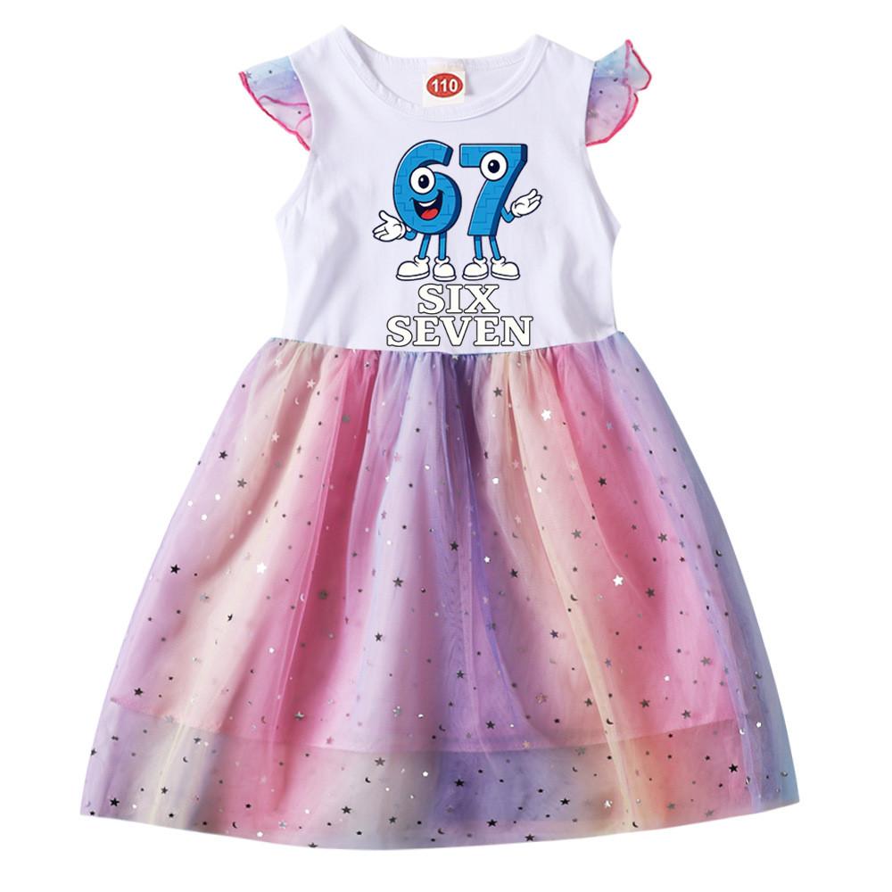 9194 Kids Girls Steal a Brainrot 67 Six Seven Print Ruffle Short Sleeve Sequins Casual Rainbow Dress
