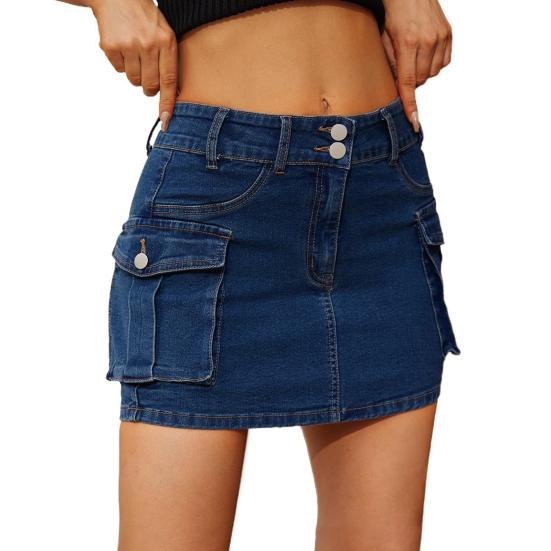 Women Mini Denim Skirt Low Waist Cargo Skirt with Pocket Solid Color Button Zipper Fly Short Skirt Streetwear