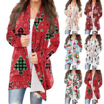 Damenmode, lässig, weihnachtlich bedruckt, mittellange Strickjacke