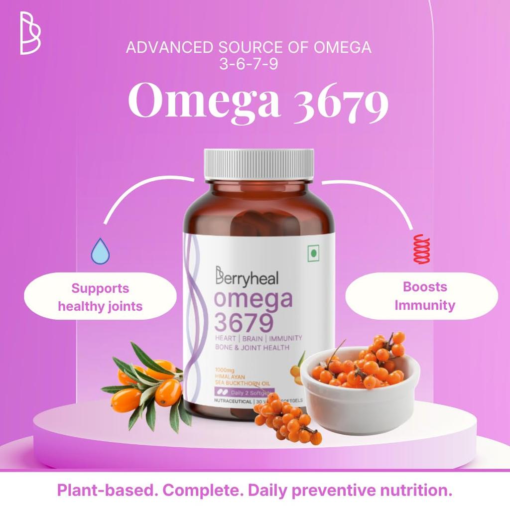 Omega 3679 Sea Buckthorn Oil Capsules 1000mg | Helps to Boost Immunity, Skin, Hair, Joint & Heart Health | 100% Vegan Seabuckthorn Plant-Based Om