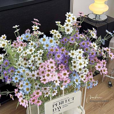 High-Grade Artificial 2-Branch Long Stem Flocked Small Daisy Bouquet for Home Dining Table Decor