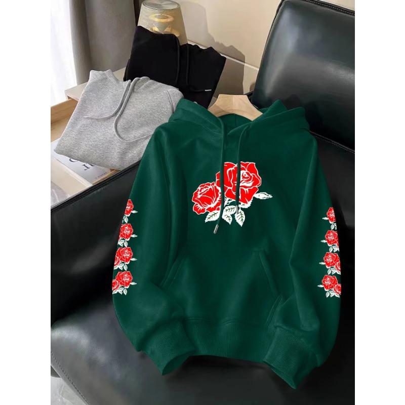 Rose Printed Hooded Men Women Hoodies Plus Size Fashion Sweatshirt Harajuku Long Sleeve Unisex Streetwear Tops