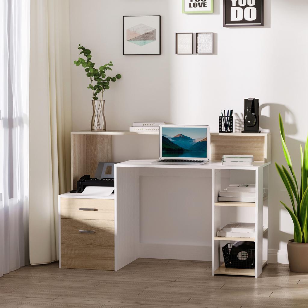 Computer Desk with 2 Drawers, Desk with Storage, 137 x 55 x 92 cm, Open Shelves and Shelf