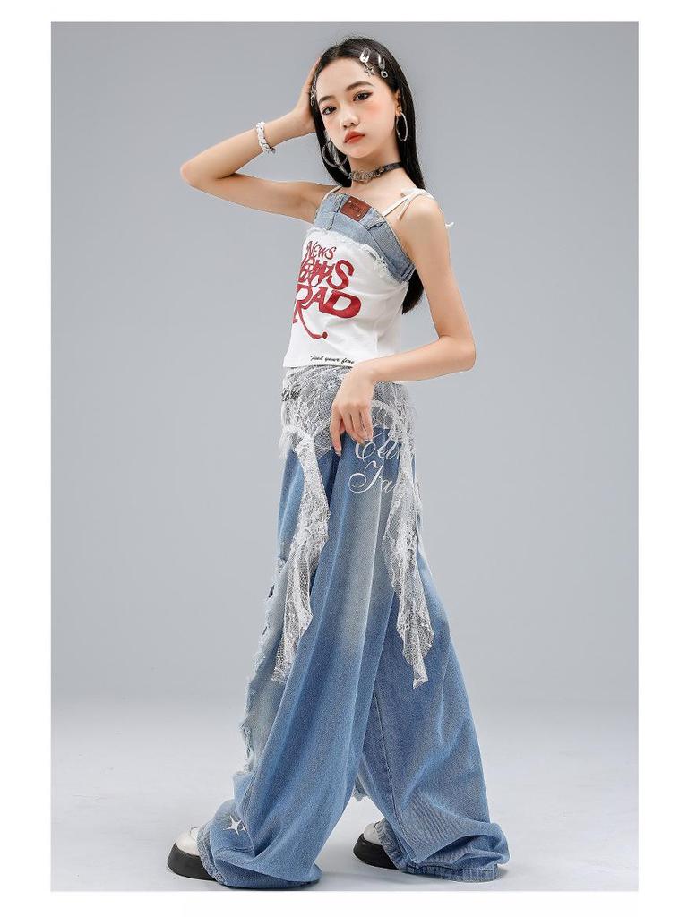 Kostium do tańca jazzowego w stylu koreańskim dla dziewcząt - Dziecięce podarte dżinsy na letni występ.