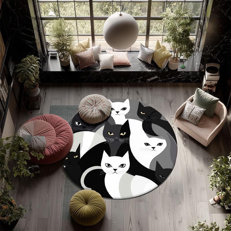 Black & White Cats Pattern Round rug,Carpet Rug for Living Room Bedroom Playroom ,Non-slip Floor Mat,Holiday Gifts and Birthday Gifts.