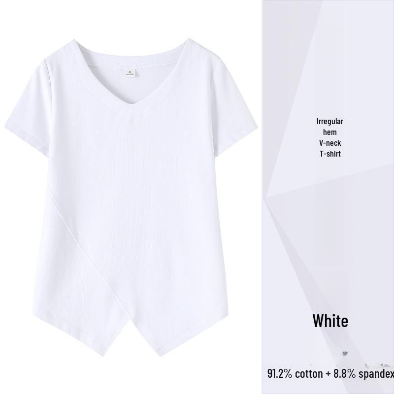 Black V-Neck Irregular Hem Short-Sleeve T-Shirt - 2022 Korean Fashion