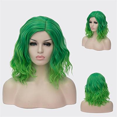 Synthetic Hair Cosplay Short Wavy Wig with Bangs Halloween Drag Queen Party Curly Green Costume Wigs for Women Heat Resistant