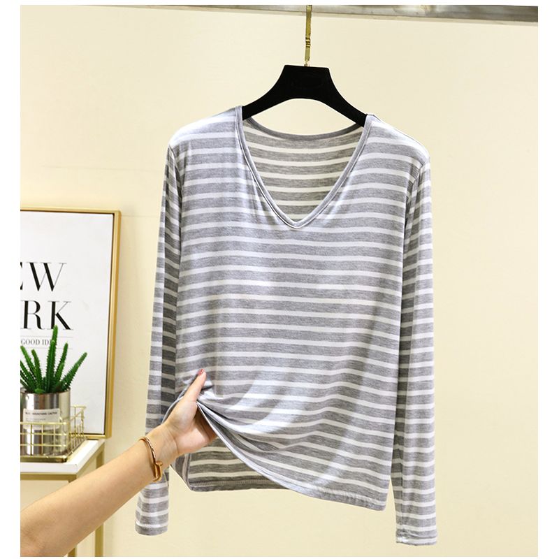 Plus size Modal Chest Pad T-shirt Spring and Autumn Versatile Stripe Bottoming Shirt V-neck Thin Bra-Free Home Wear Top