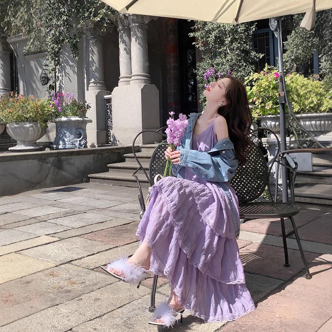 

Purple Slimming French Style Spaghetti Strap Midi Dress S
