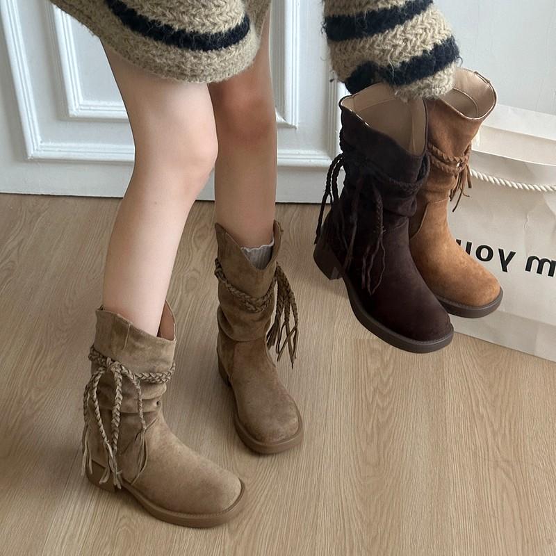 New Style Luxury Women's Spring and Autumn Retro Fashion Style Boots Thick Heel Long Tube Slim Stacked Middle Tube Boots