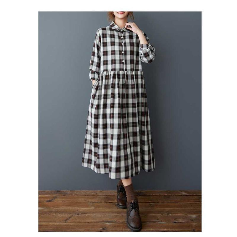 Women's Loose and Age Reducing Plaid Collar Mid Length Dress