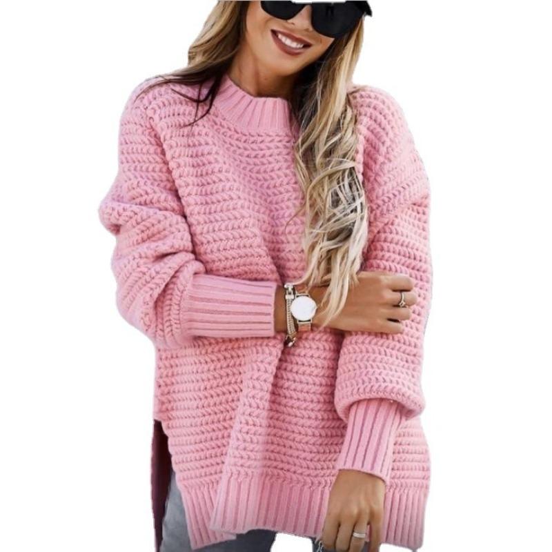 Autumn Half-high Collar Loose Solid Color Long-sleeved Side Slit Knitted Sweater Women