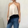 Women Sexy Asymmetric Halter Lace Patchwork Satin Sleeveless Tank Top