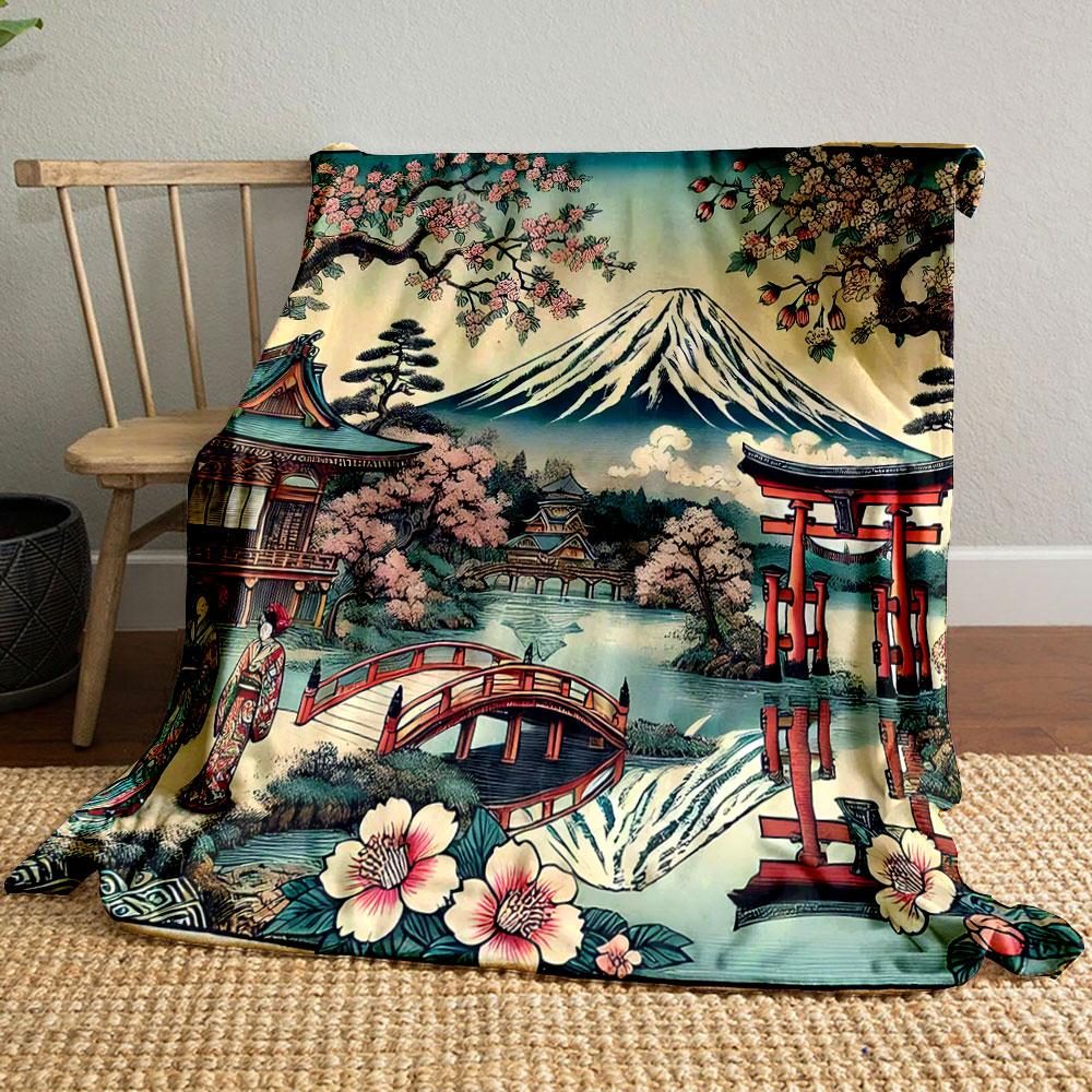 Mount Fuji and Cherry Blossom Scene Patterned Blanket, Flannel, Suitable for All Seasons, Home Decor, Warm and Cozy