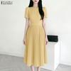 ZANZEA Women Casual Round Neck Short Sleeve Elegant Pleated Dress