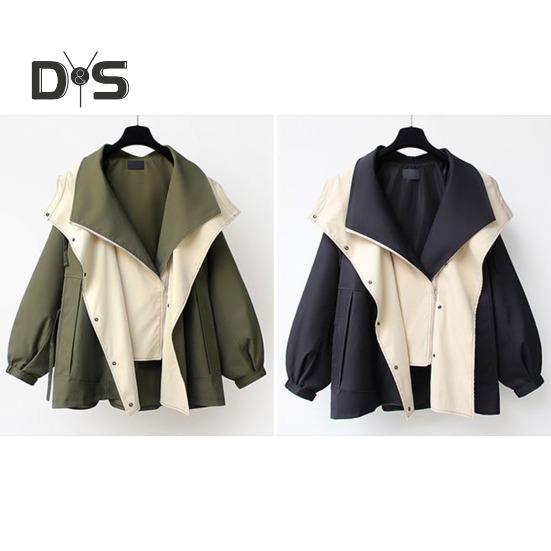 Women Windbreaker Hooded Patchwork Colorblock Zipper And Button Closure Long Sleeves Tight Waist Loose Coat Cargo Style Outdoor Jacket