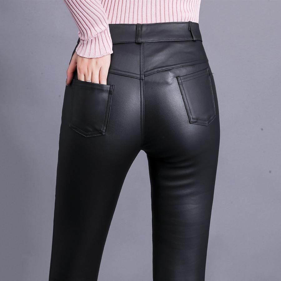 Matte Leather Pants Women Winter Fleece High Waist Leggings for Outerwear Small Feet Bottoms Women