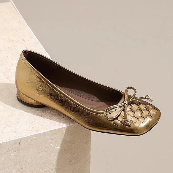 

French retro new bow ballet flats soft leather woven comfortable versatile round head women s shallow mouth single shoes 40 шампанского