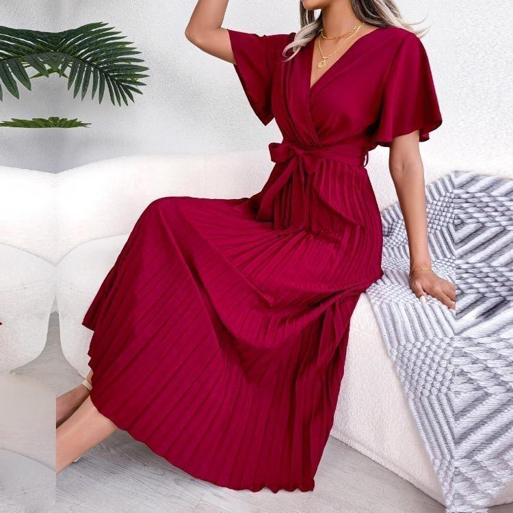 Sommer V-Ausschnitt Kurzarm Maxi Kleid Elegant Damen Einfarbig Plissiert Langes Kleid Frühling Sommer Mode Größen S XL