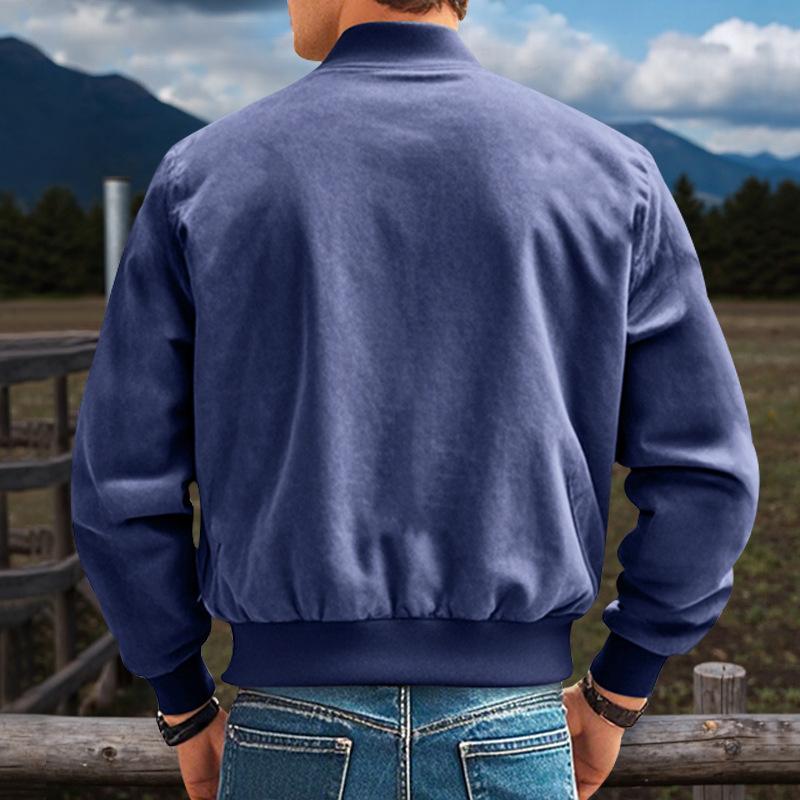 Men Stand Rib Collar Zip Up Suede Bomber Jacket Casual Outerwear Coat