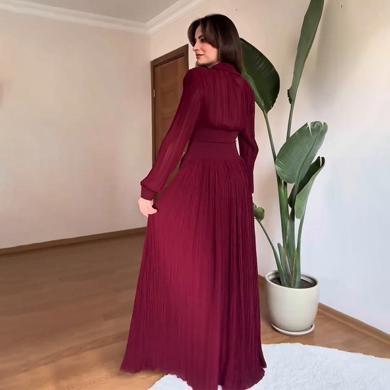 European Elegant Long-Sleeve Polo Collar Pleated Dress - Solid Color, New Style Fashion