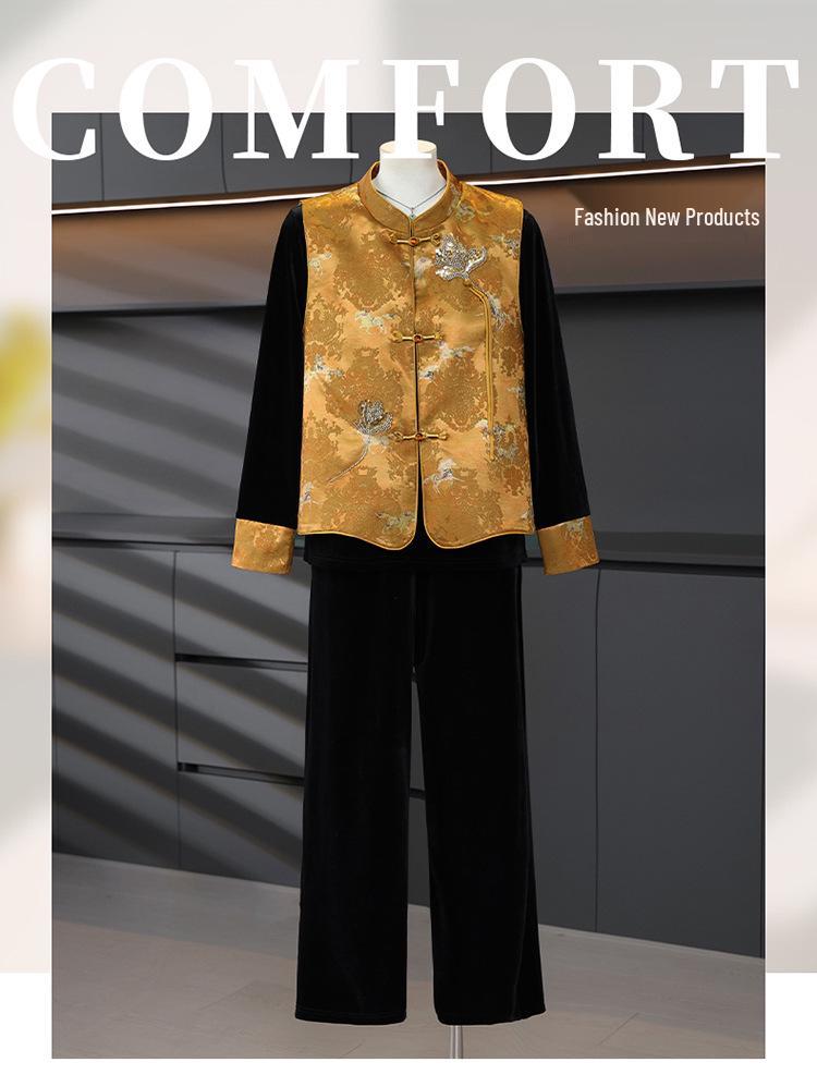 Spring Three-Piece Chinese-Style Outfit: Vest, Long-Sleeve Top, and Wide-Leg Pants for Middle-Aged and Elderly Women