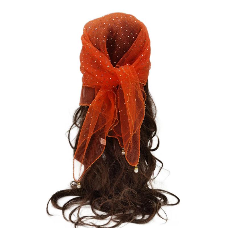 Versatile Pearl Tassel Rhinestone Square Scarf Lace Trim Hair Wrap Full Sky Star Headwrap Solid Color Breathable Fabric Scarf