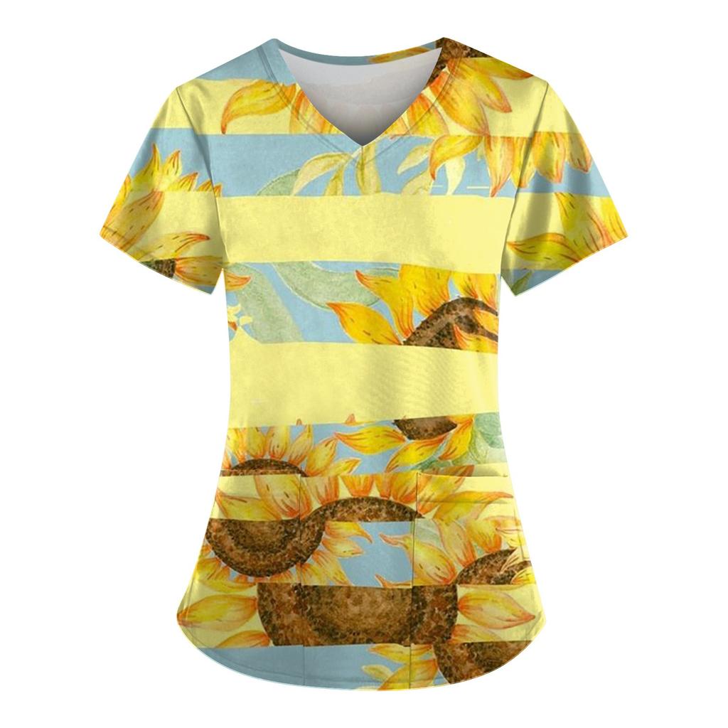 Women's Fashion V-neck Short Sleeve Workwear With Pockets Printed Tops Summer Tops For Women