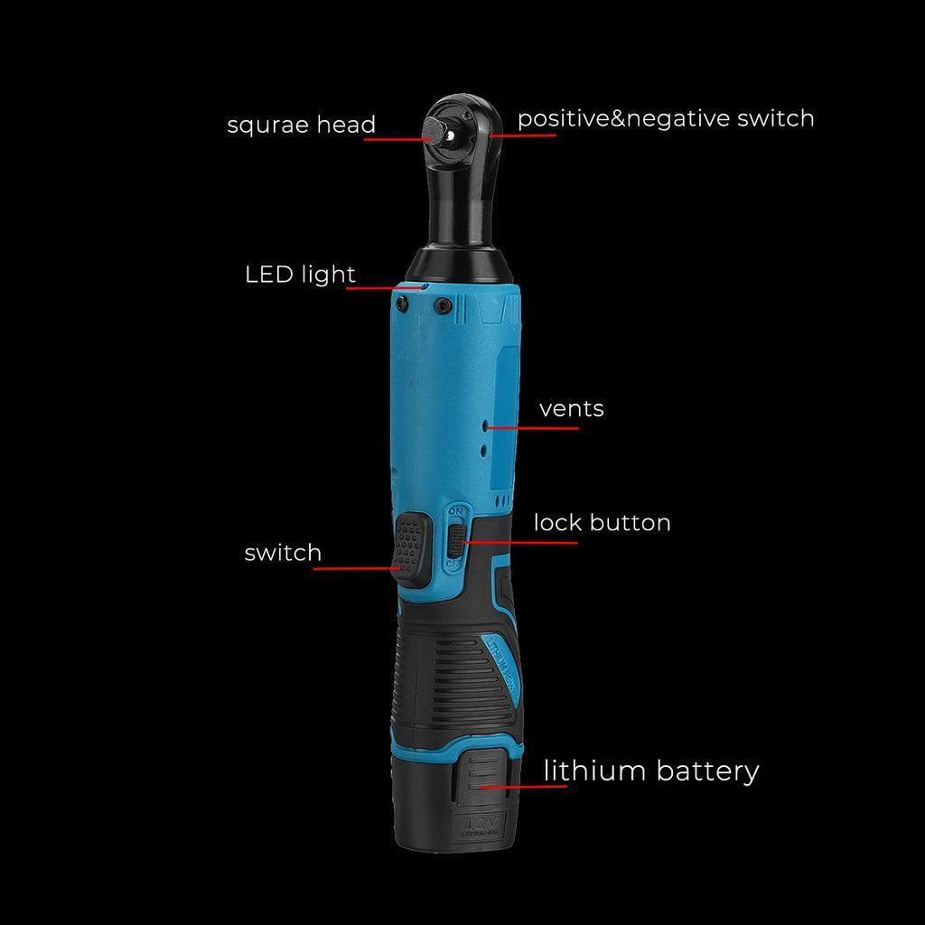 57N.m Electric Wrench Right Angle Wrench 3/8" Cordless Ratchet Rechargeable Scaffolding Tools with 2Pcs Battery Charger Kit 12V