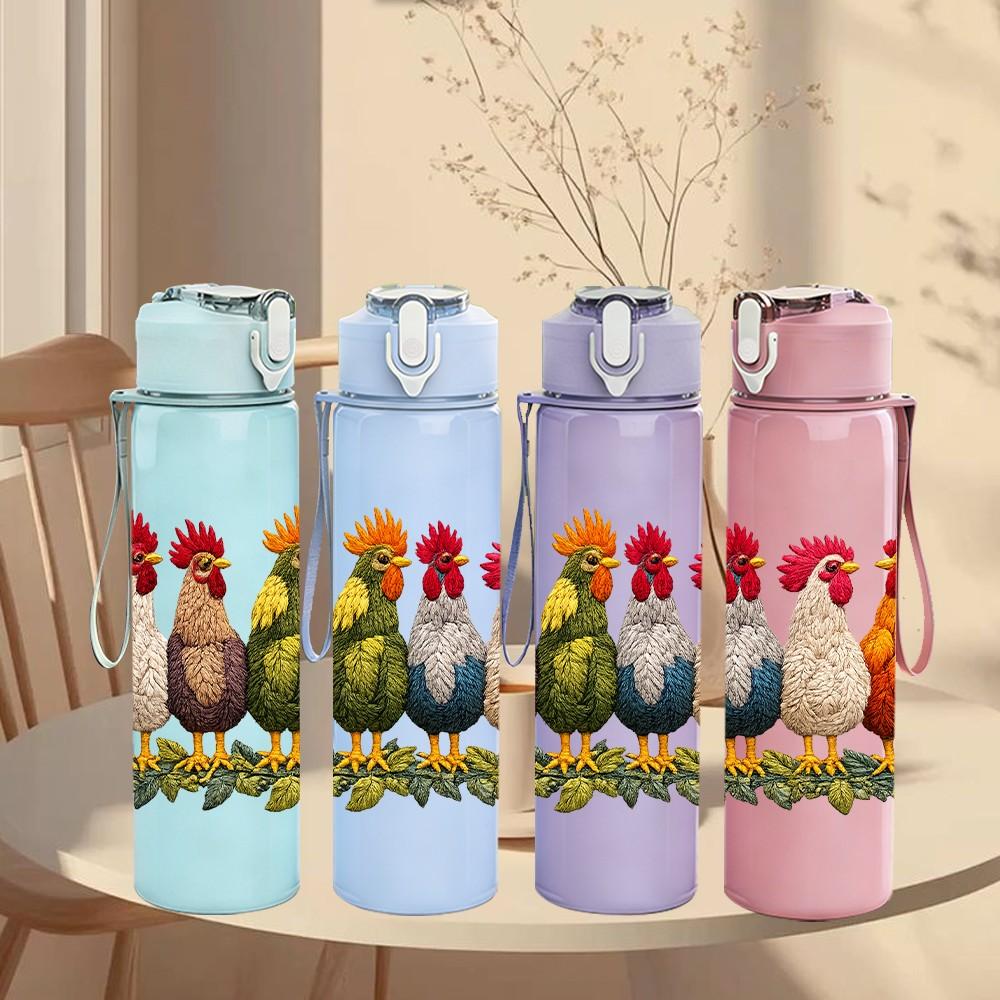 1PC Colorful Chicken Farm Animal Print 750ml Color Plastic Sports Water Bottle Leakproof Flip Straw Lid Suitable for Sports Office Home Use