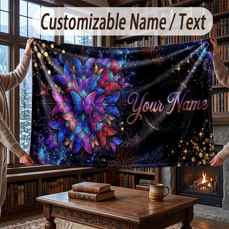 Butterfly Theme Throw Blanket Custom Name Text Personalized Blanket Soft Cozy Blanket for Home Sofa Bed