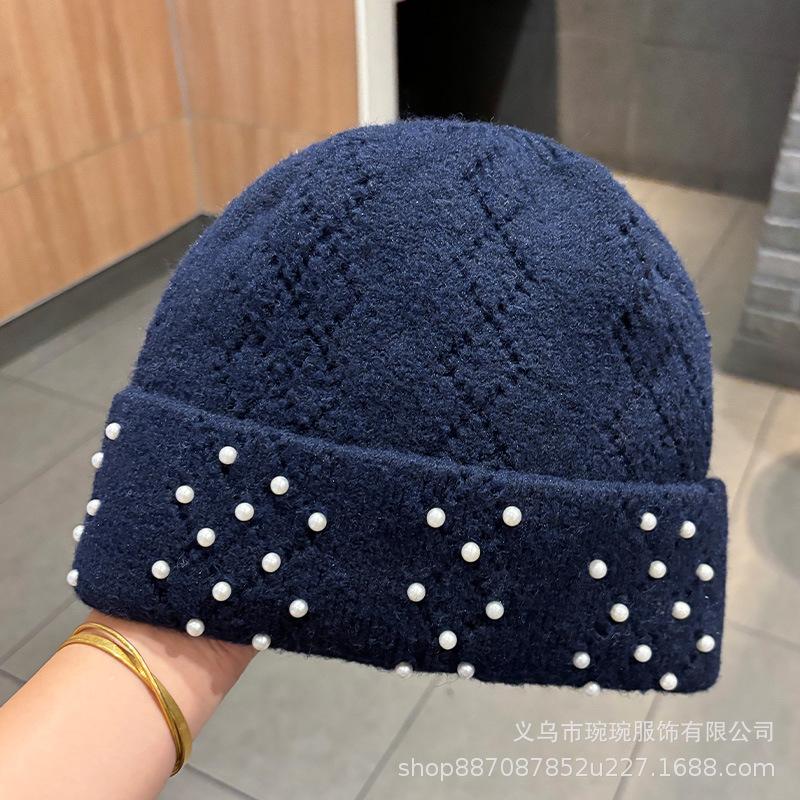 Autumn and Winter New Versatile Warm Wool Hat Men's and Women's Outdoor Pearl Knitted Ear Protection Face Small Pullover Hat Cold Hat