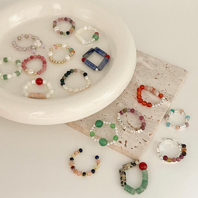 Pearl Beaded Ring Women's Elastic Rope Literary Stacking Index Finger Ring High-end Handmade Ring Jewelry