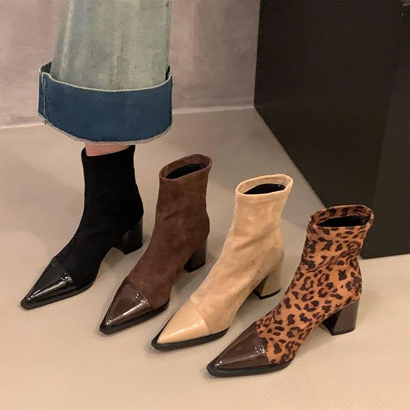 Winter Damen Spitzzehen Stiefeletten Mode Dicke Absatzschuhe Prägnanter Leopardenmuster Kurze Damenstiefel
