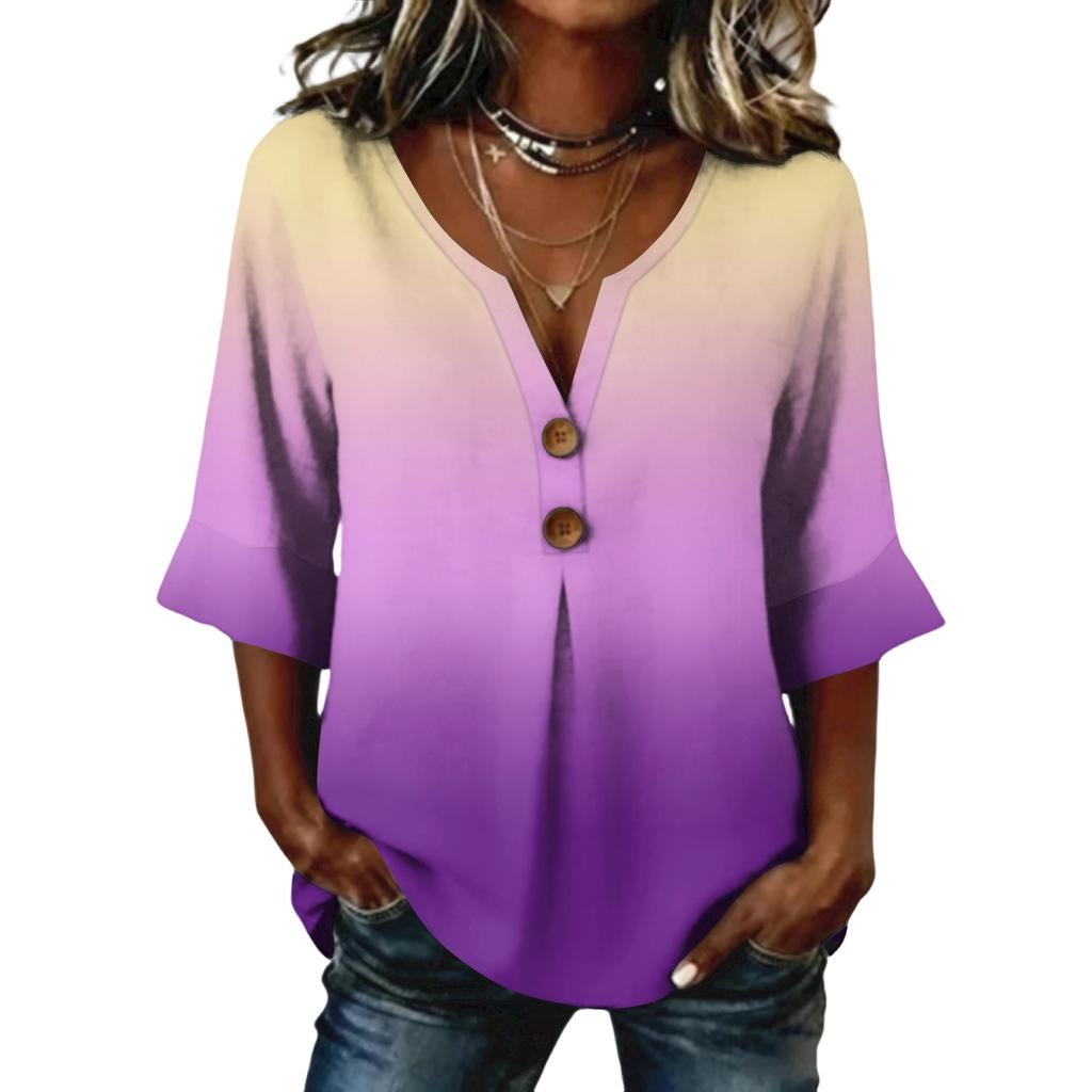 Ladies' gradient printed button casual V-neck fashionable seven quarter sleeve top