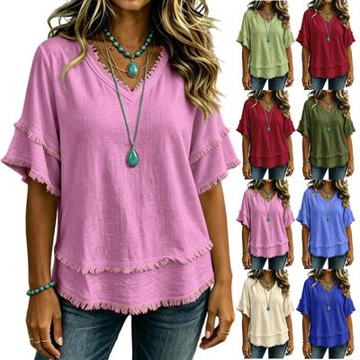 Women's Spring and Summer Casual Fashion V-neck Pullover Short-sleeved Loose Shirt Top