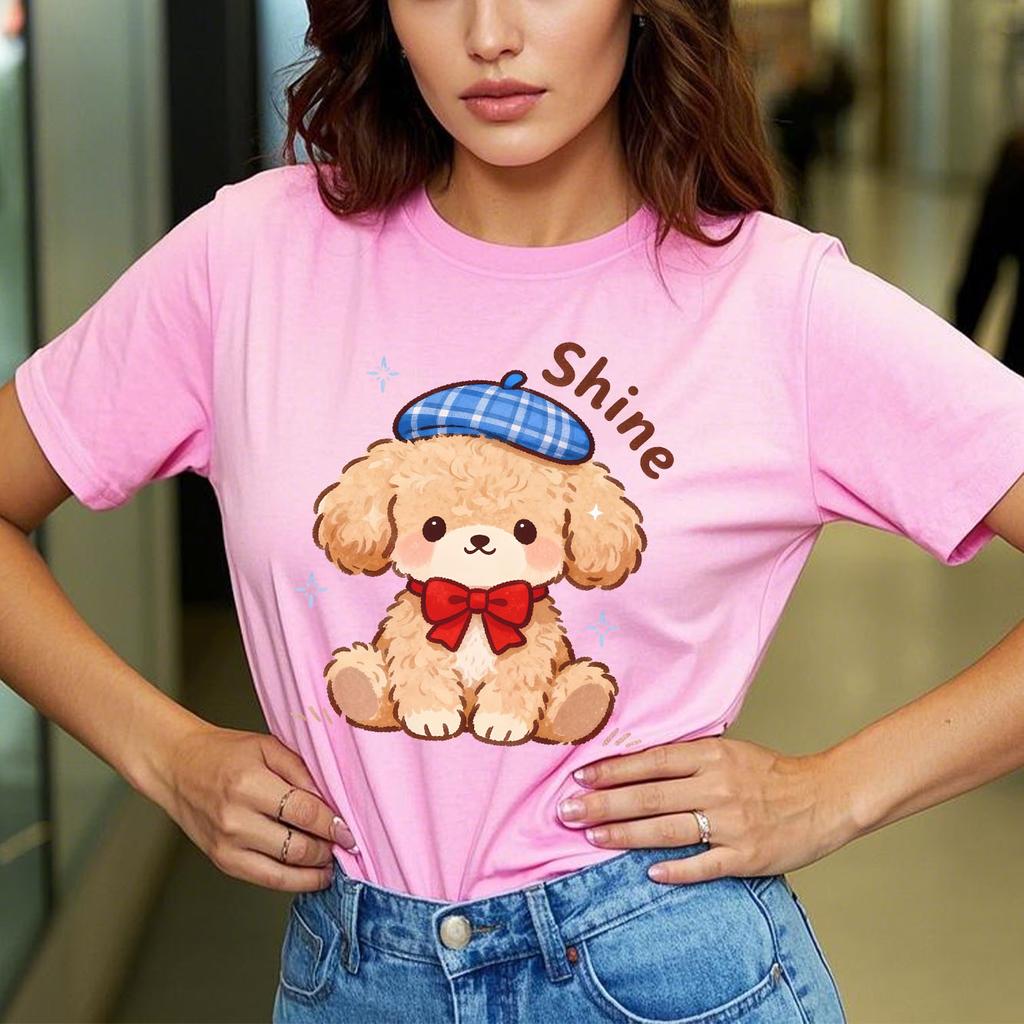 Neues Niedliches Cartoon Lockiger Hund Aufdruck T-Shirt Lässig Kurzarm Geeignet für Vier Jahreszeiten Tägliche Kleidung Damen T-Shirt