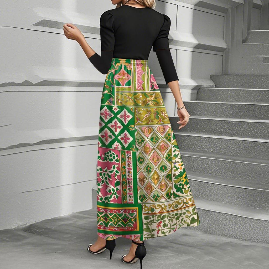 Damskie modne codzienne sukienki z paskiem, z rękawem trzy czwarte, z okrągłym dekoltem, z kwiatowym nadrukiem, eleganckie, z temperamentem