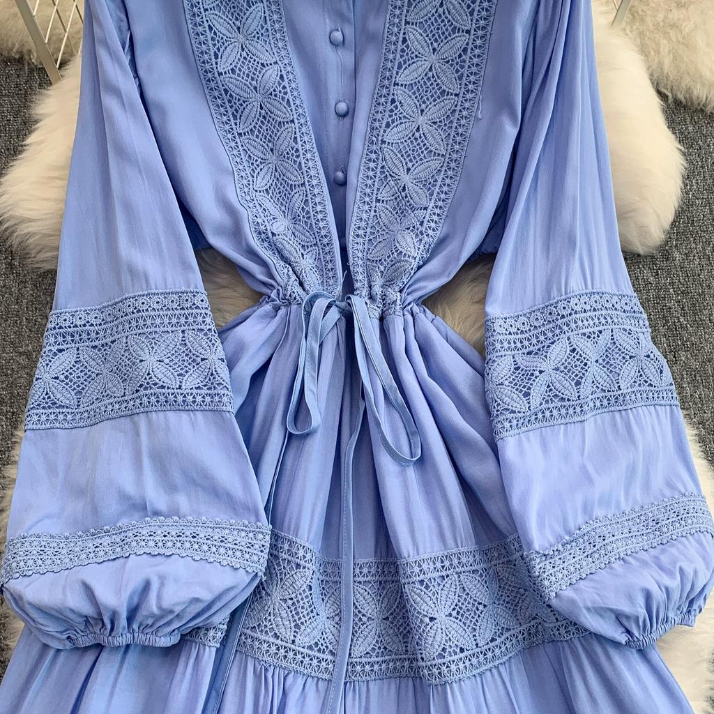 Lace Patchwork Round Neck Long Sleeved Dress for Women In Spring  Autumn Buttoned Drawstring Waist Cinching Slimming Cake Women Dress
